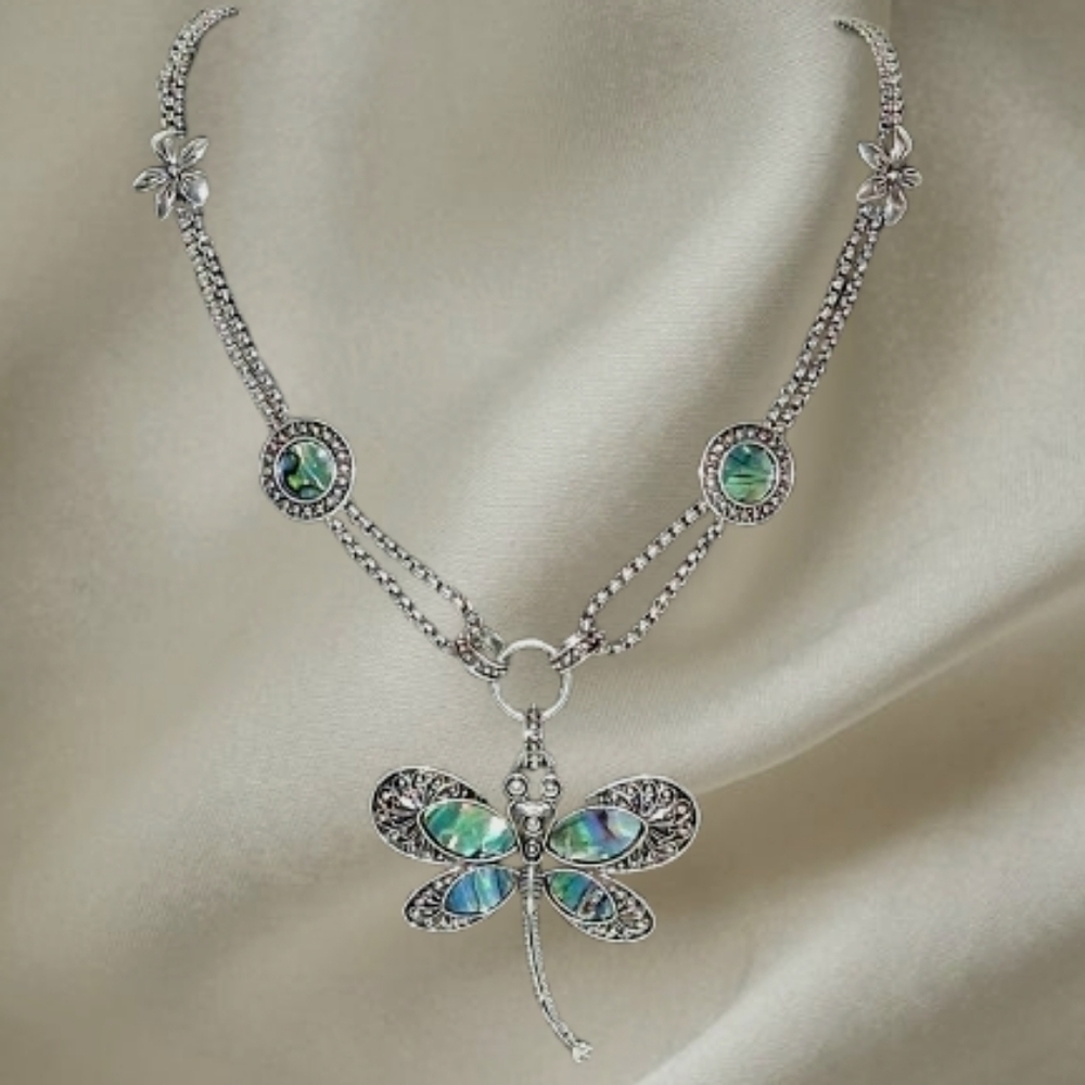 Elegant Abalone Shell Silver Tone Dragonfly Necklace with Crystal Accents 20-22"